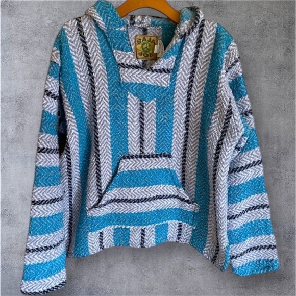 BAJA JOE HOODIE Size Small Unique Drug Rug Royal Blue Grey Black Pullover BOHO - Picture 1 of 10